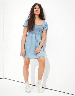 AE Denim Tie-Sleeve Smocked Mini Dress