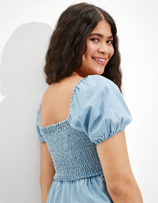 AE Denim Tie-Sleeve Smocked Mini Dress