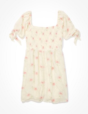 AE Vestido corto floral bordado con nido de abeja con lazos en las mangas