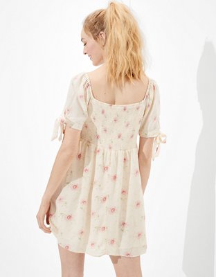 AE Floral Tie-Sleeve Smocked Mini Dress
