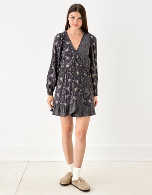 ae long sleeve wrap dress AE Long-Sleeve Wrap Mini Dress