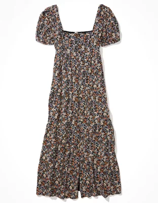 AE Floral Button-Up Tiered Midi Dress