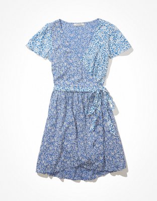 AE Floral Mix Short-Sleeve Wrap Dress | American Eagle