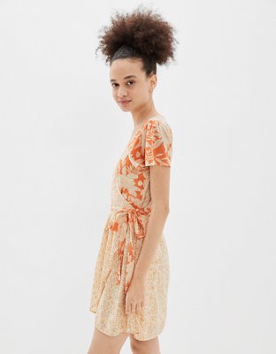 AE Floral Mix Short-Sleeve Wrap Dress