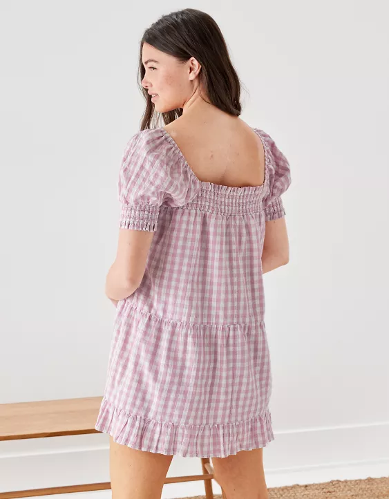 AE Plaid Puff-Sleeve Mini Dress
