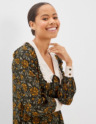 AE Floral Ruffle Collar Shirt Dress