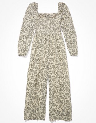 AE Floral Smocked Puff-Sleeve Jumpsuit