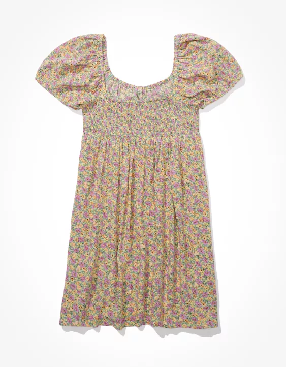 AE Floral Ruched Puff-Sleeve Mini Dress