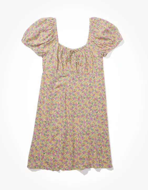 AE Floral Ruched Puff-Sleeve Mini Dress