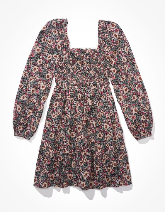 AE Long-Sleeve Smocked Floral Mini Dress
