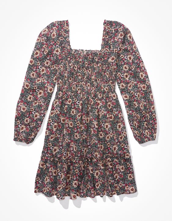 AE Long-Sleeve Smocked Floral Mini Dress