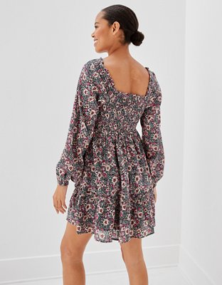 AE Long-Sleeve Smocked Floral Mini Dress