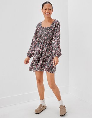 AE Long Sleeve Smocked Floral Mini Dress