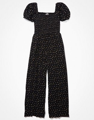 AE Jumpsuit con mangas abombadas y bordado con nido de abeja