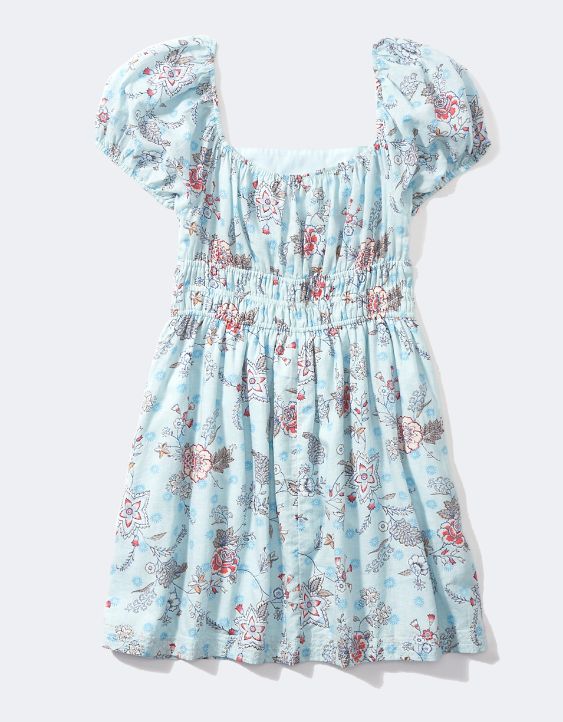 AE Floral Puff Sleeve Cinched-Waist Mini Dress