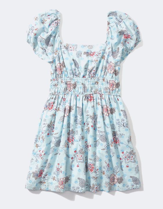 AE Floral Puff Sleeve Cinched-Waist Mini Dress
