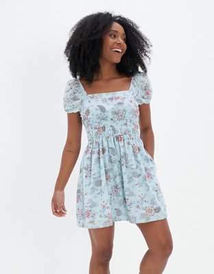 AE Floral Puff Sleeve Cinched-Waist Mini Dress