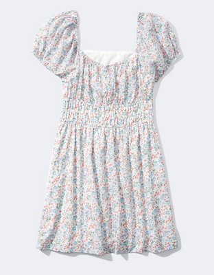 AE Floral Puff Sleeve Cinched-Waist Mini Dress