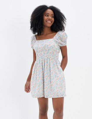 AE Floral Puff Sleeve Cinched-Waist Mini Dress