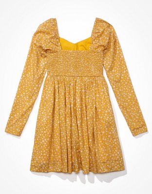 AE Floral Ruched Long-Sleeve Mini Dress