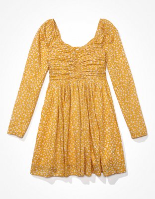 AE Floral Ruched Long-Sleeve Mini Dress