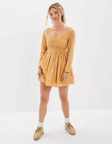 AE Floral Ruched Long-Sleeve Mini Dress
