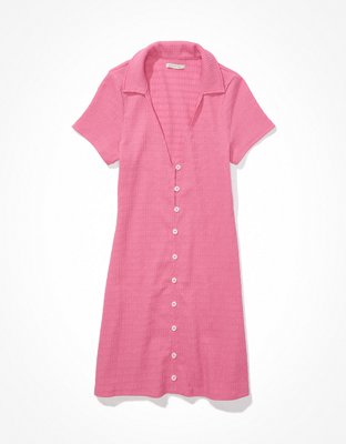 AE Vestido Polo Corto con Botones en el Frente y Bordado con Nido de Abeja