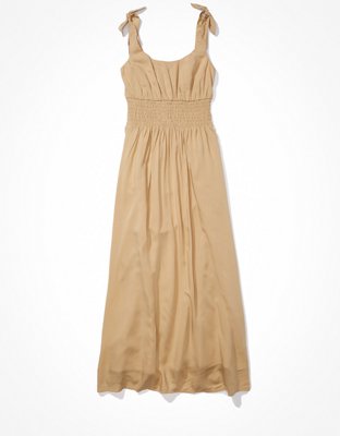 Robe mi-longue à smocks et bretelles nouées AE