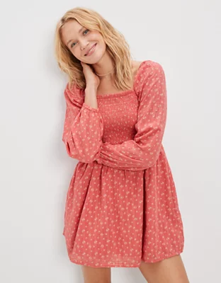 AE Smocked Tiered Long-Sleeve Mini Dress