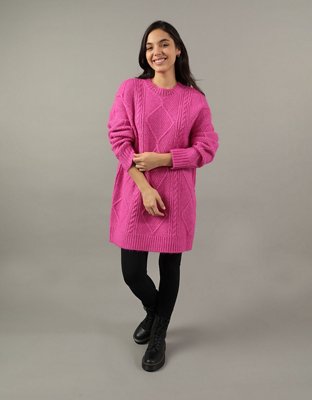 oversized cable knit sweater dress Sweater Women Crewneck Cable Knit Sweater Dress Long Sleeve Oversized  Casual Pullover Dress Pink,3XL