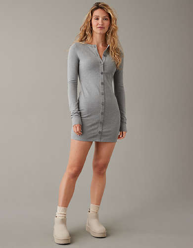 AE Knit Long-Sleeve Button Front Mini Dress