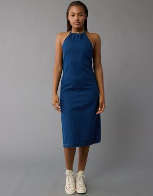 halter denim midi dress Denim Halter Midi Dress Women Blue Fit & Flare A-Line Backless Summer Dress  M