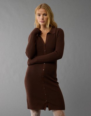 AE Long-Sleeve Bodycon Sweater Polo Mini Dress