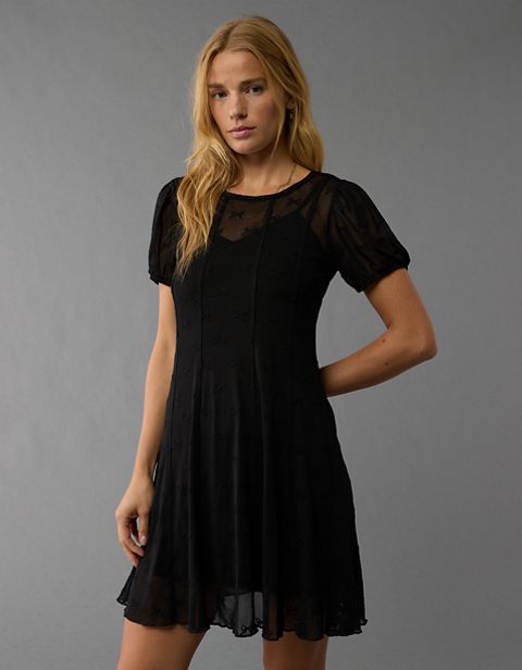 Женские платья American Eagle AE Puff Sleeve Lace Bow Mini Dress