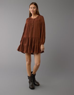 SEESA-Brown flowy shirt dress with embroidery highlights main image 1