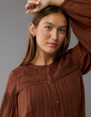 Женские платья American Eagle AE Long-Sleeve Tiered Flowy Shirt Dress — фото 5