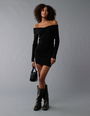 AE Long Sleeve Off The Shoulder Twist Mini Sweater Dress