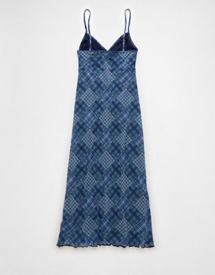 AE Mini Mesh V-Neck Plaid Slip Midi Dress