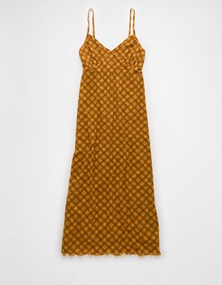 AE Mini Mesh V-Neck Plaid Midi Slip Dress