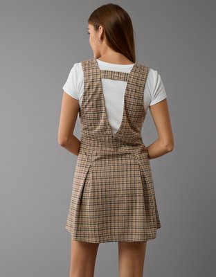 AE It Knit Plaid Pleated Pinafore Dress