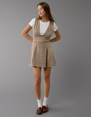 AE It Knit Plaid Pleated Pinafore Dress