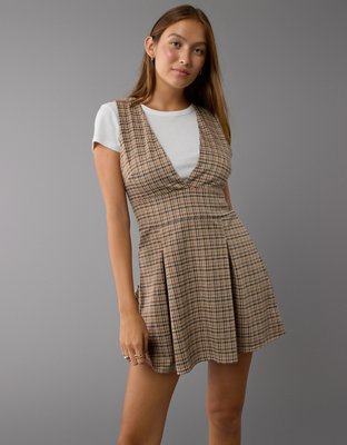 AE It Knit Plaid Pleated Pinafore Dress