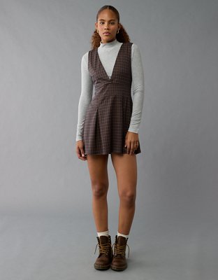 AE It Knit Plaid Pleated Pinafore Dress