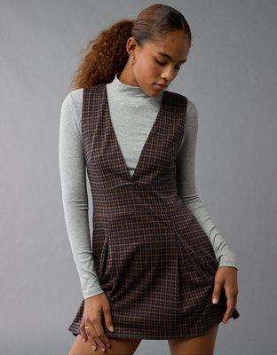 AE It Knit Plaid Pleated Pinafore Dress