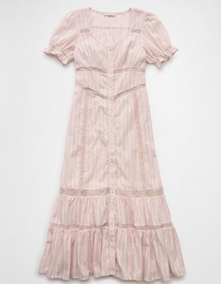 AE Lace Puff-Sleeve Button-Up Midi Dress