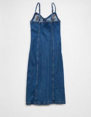 blue denim button front midi bodycon dress Long Sleeve Denim Midi Dress For Women - Blue Western Style Button Front  Split Front Bodycon Jean Dress