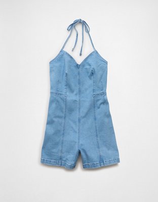 AE Belted Halter Denim Romper