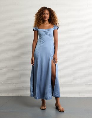 winter dresses american eagle AE Satin Sweetheart Off-The-Shoulder Maxi Dress Women's Navy XXS