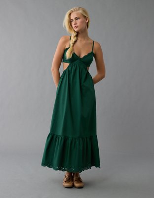 green emerald velvet dress American Eagle Women's Polyester Blend A-Line Midi Dress  (WES0397160300_Green
