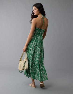 AE Halter Cut-Out Smocked Midi Dress
